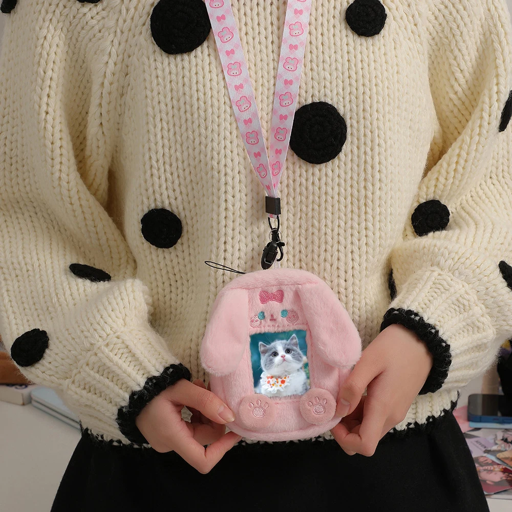 2 In 1 Plush Card Cover Cartoon Photocard Holder Soft Zipper Coin Bag Transparent Earphone Pouch Animal Series Keyring Pendant