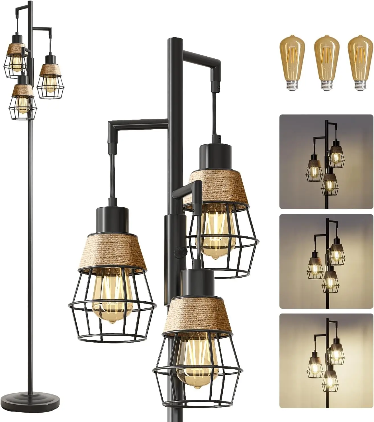 

68" Floor Lamp, Stepless Dimmable Boho Style with 3 Bulbs, Black, for Living Room, Bedroom, Office