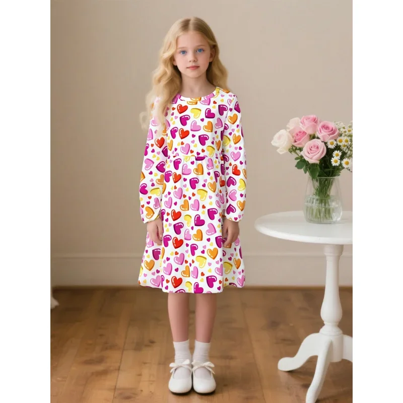 

2025 New Dress, Cute and Lively Casual Girls Long-sleeved Color Love Print Dress