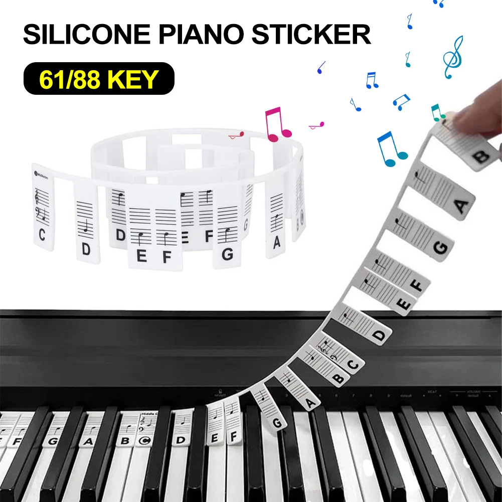 Removable Piano Key Stickers 61Keys 88 Keys Full-Size Piano Keyboard Sticker Rake Key Labels Overlay Reusable For Beginners Kids