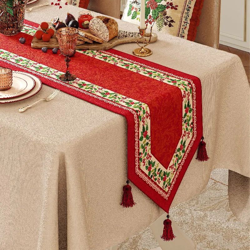 Christmas Table Runner for Dining Coffee Tea Table Decor Red Festive Tablecloth with Greenery Print Xmas New Year Celebration