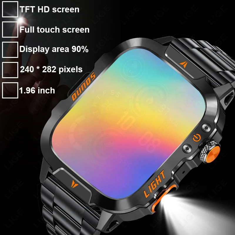 Reloj inteligente LIGE, pantalla de alta definición de 1,96 pulgadas, reloj inteligente para hombres, linterna LED, resistente al agua, frecuencia cardíaca, 100 + modos deportivos, relojes inteligentes