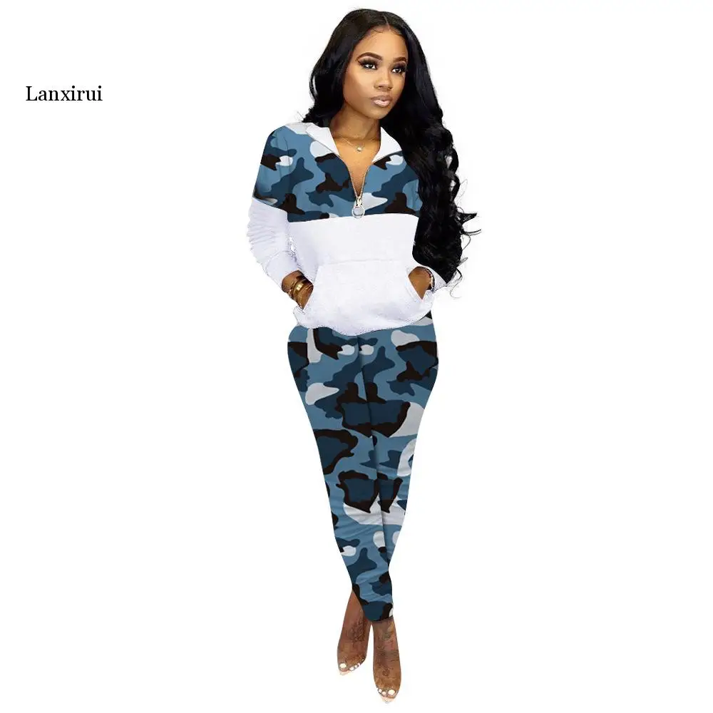 Camouflage Panelled Fitness 2 Piece Set Women Clothes Long Sleeve Zipper Front Pockets Hoodie   Straight Pants Fleece Tracksuits