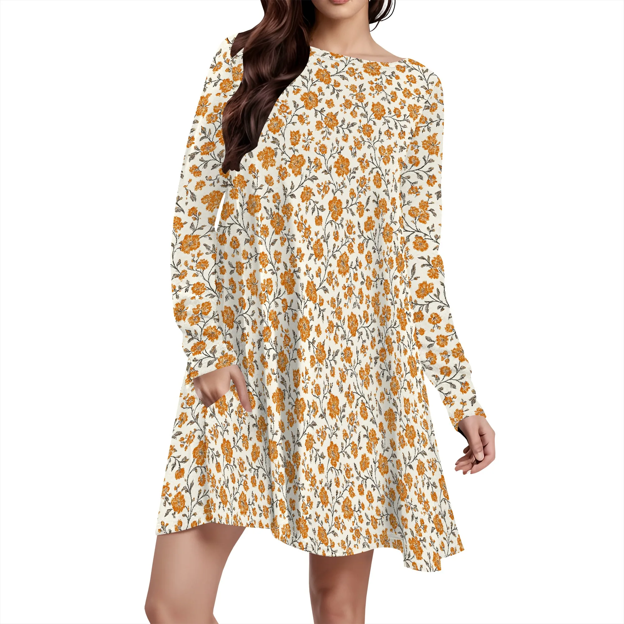 

Women's Casual Loose T Shirt Dress Long Sleeve Simple Floral Print Mini Swing Dresses with Pocket