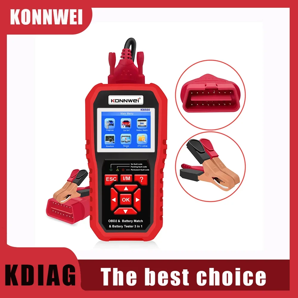 

KONNWEI KW880 Car Battery Match Car OBDII Diagnostic Fault Scanner for 6V-12V Motorcycle Battery &Test Universal Battery Tester