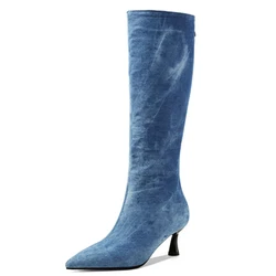 Blue Jeans Knee High Boots Women Shoes Spring Winter Point Denim Heels Long Boot Dance Party Shoes Female Large Size 44 46