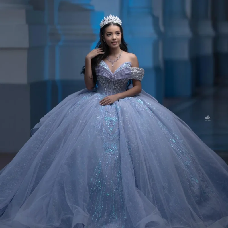 

Haze Blue Quinceanera Dresses Off the Shoulder Decal Crystal Beads Lace Long tail Bow Vestido De 15 Quinceanera Customize