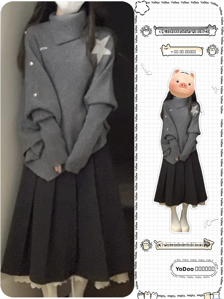 

Корейское пальто с летучей мышью Све, свитер, женский свободный крой, утягивающий осенне-зимний новый поступление, вязаный высокий воротник с милым принтом