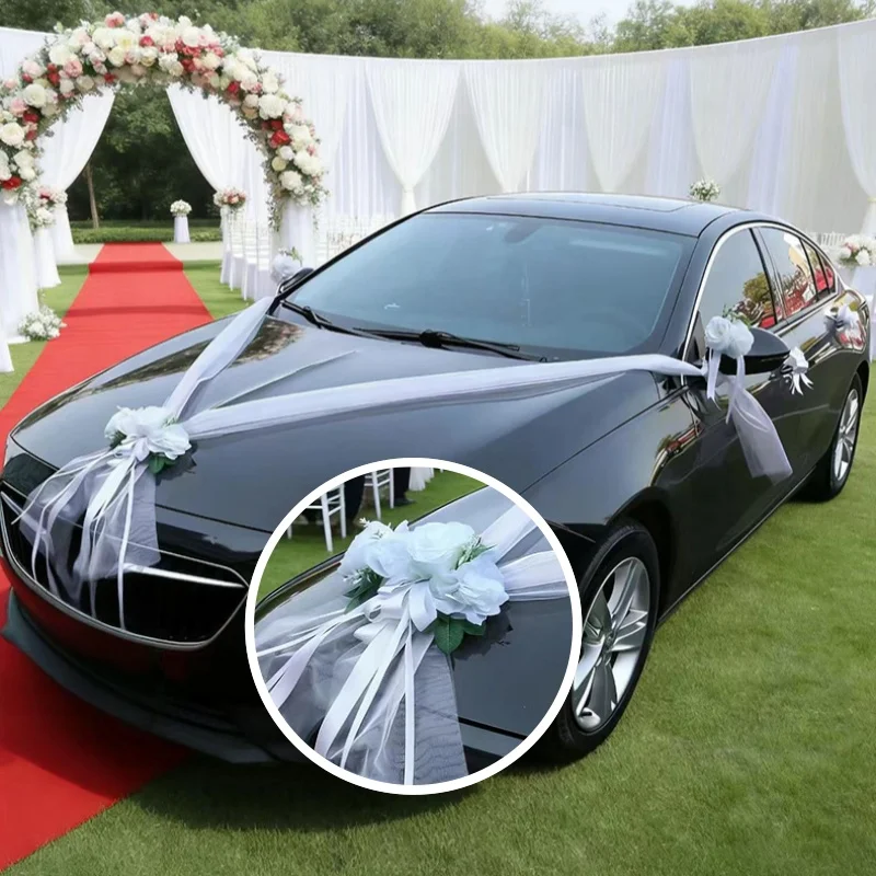White Wedding Car Decoration Artificial Rose Flowers Bridal Car Decor Set for Wedding Party Easy Install with No Paint Damage