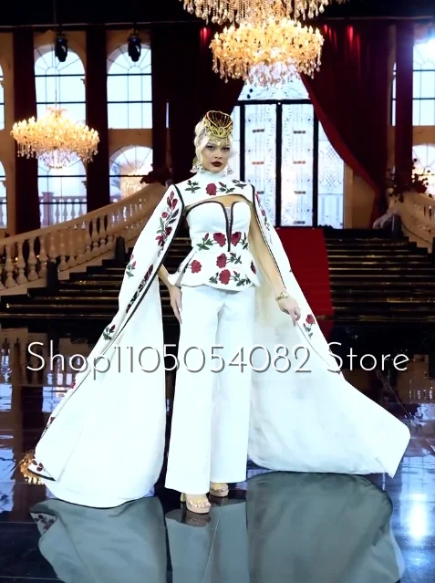 Customized Elegant Floral Pantsuit Evening Kosovo High Neck Shawl Traditional Atmosphere Trailing Prom Dresses