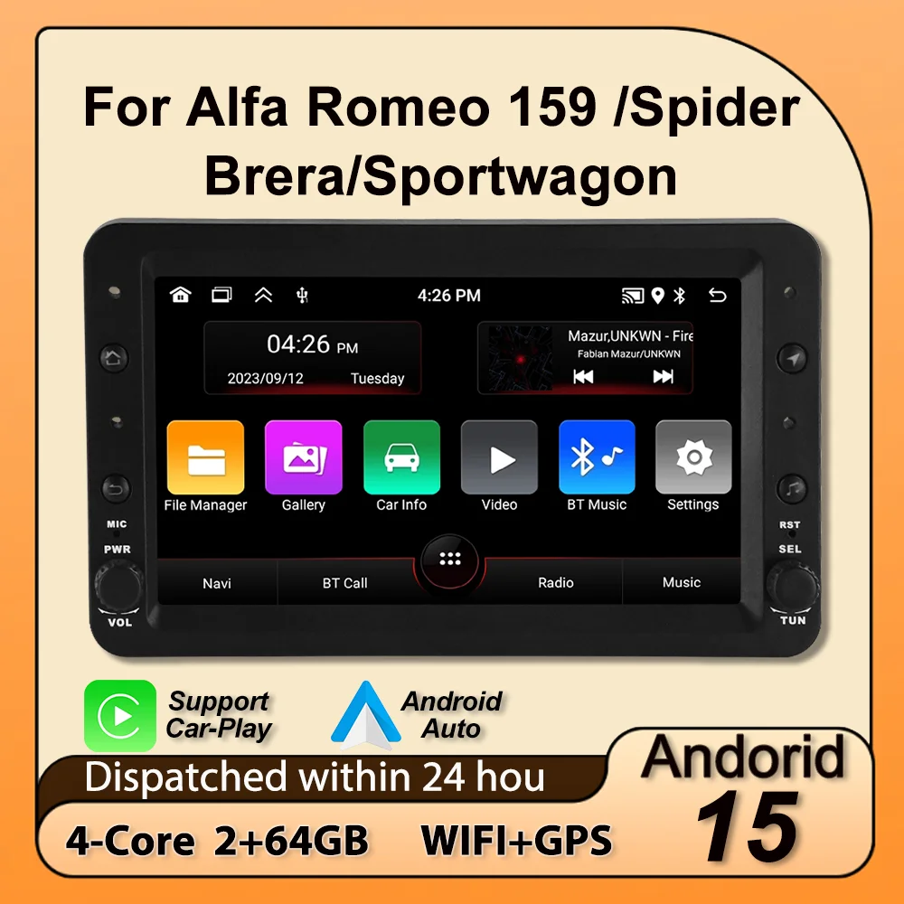 Radio para Auto con Pantalla IPS Android 15 para Alfa Romeo 159 Brera Spider Sportwagon, Sistema de Audio Inteligente Multimedia Central con Carplay
