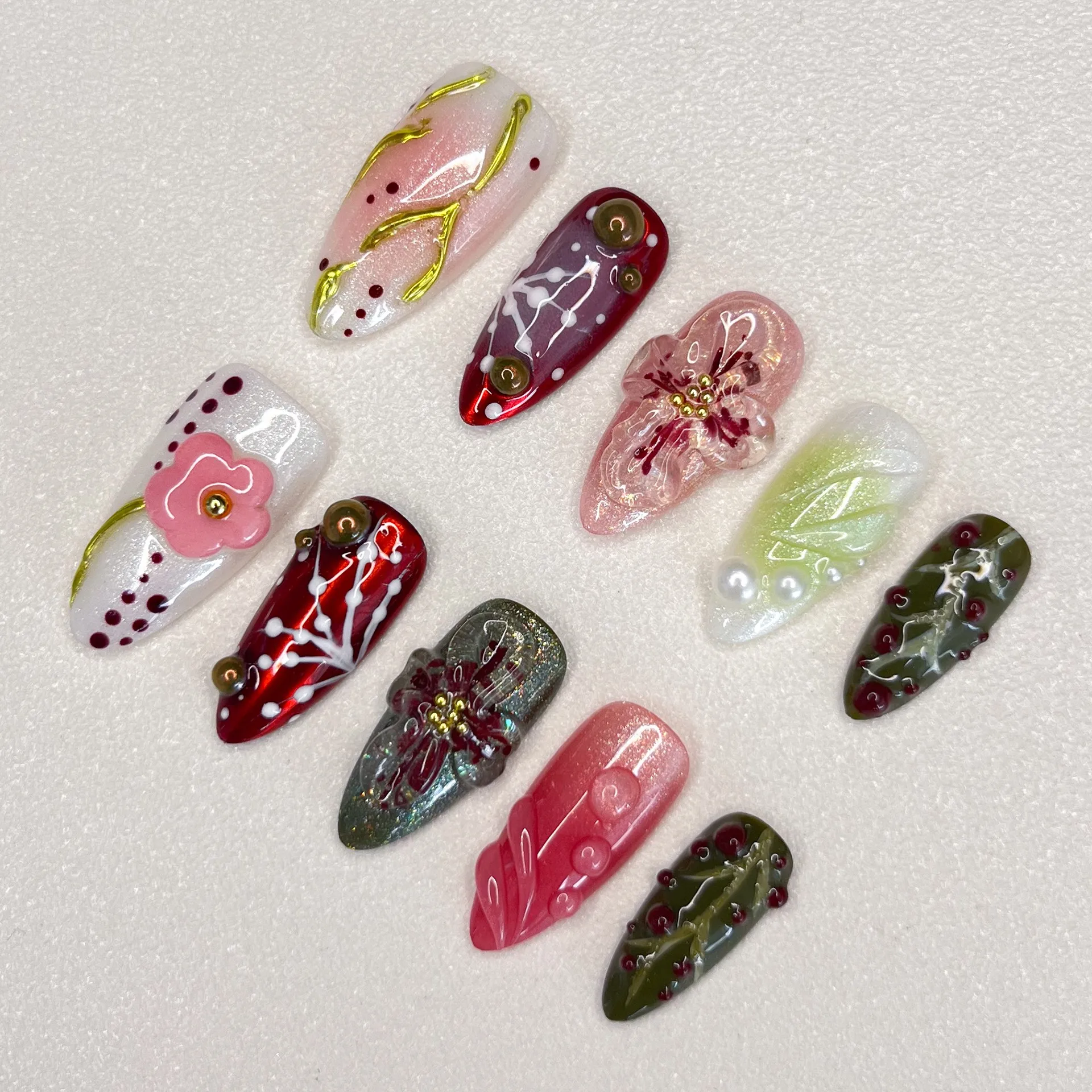 Handmade Manicure Medium Oval Fake Nails Limited Nails Mandarin Duck Floral Press on Nails Design with Adhesive Nail File Set