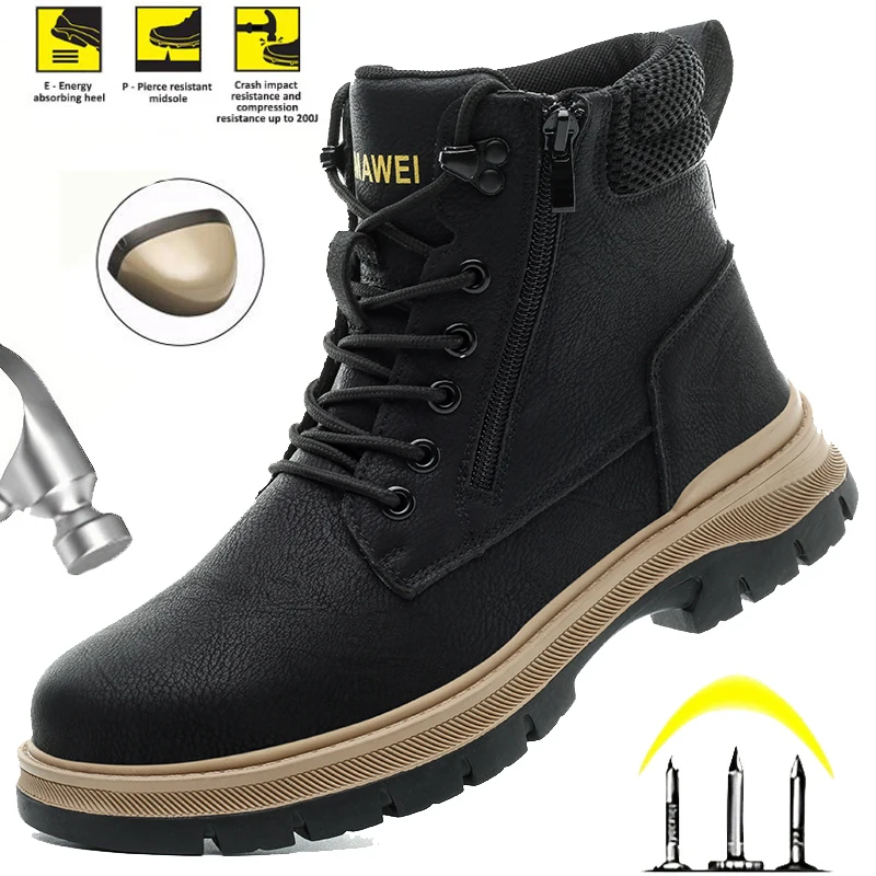 Men's Waterproof Safety Work Boots High Top: Steel Toe Anti-Smash, Slip Resistant Anti-Puncture Indestructible Outdoor Men Boots