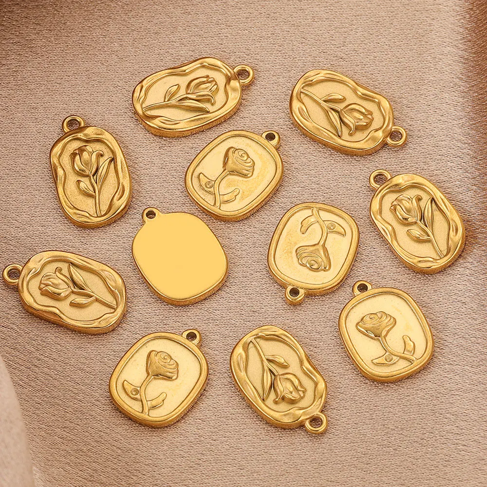 5pcs Stainless Steel Gold-plated Rose Pendants Charms for DIY Necklace Earrings Parts Craft Jewelry Making Supplies Wholesale