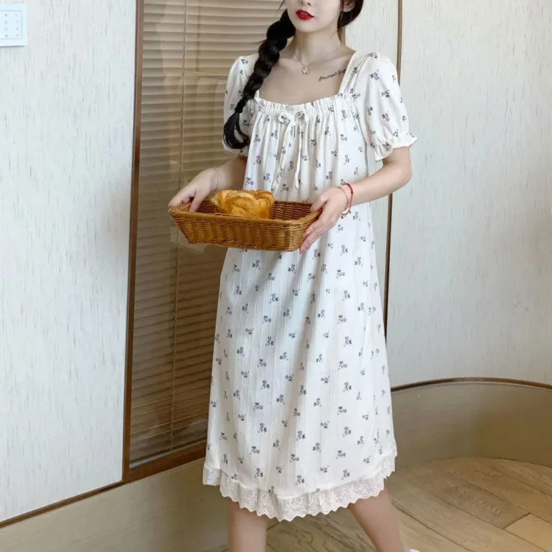 Summer Nightgowns Women Short Sleeve Nightdress Sleepshirt Floral Breathable Pajamas for Womens Home Clothes Sleepwear Plus Size