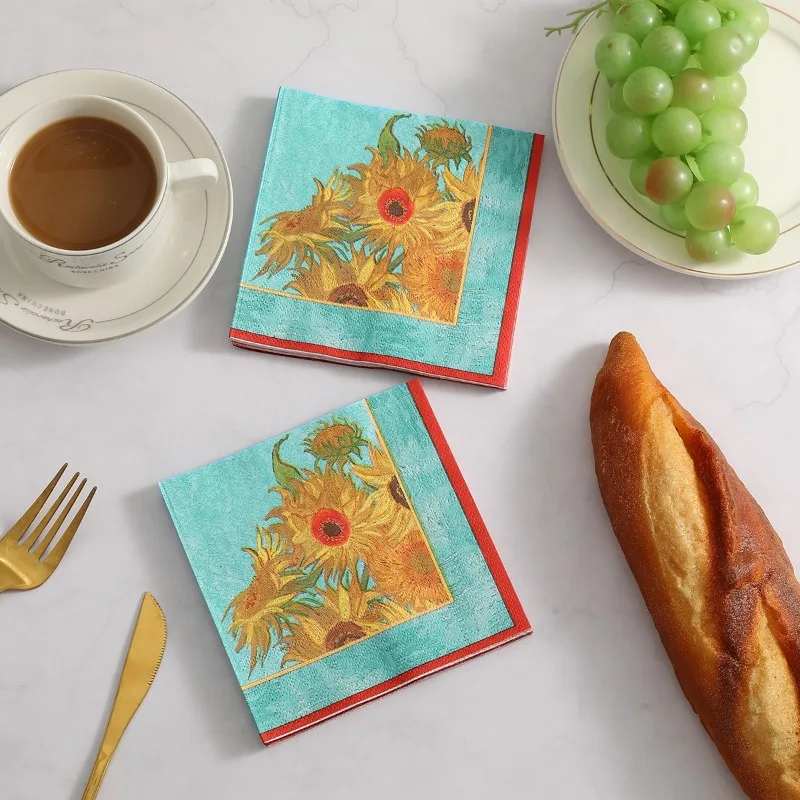 10/20pc 25cm Van Gogh Inspired Vibrant Sunflowers Printed Napkins Teal Blue Background for Party Dinner Home Decor Table Setting