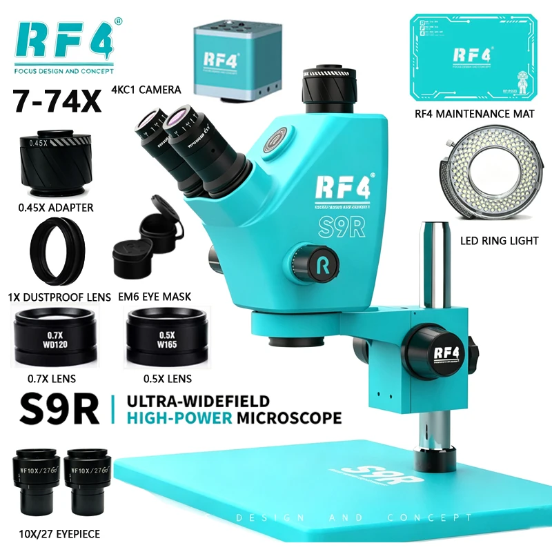 RF4 S9R Trinocular Microscope 7-74X Continuous Zoom 27MM Ultra Wide Field HD Sharp Imaging for Phone PCB and Electronics Repair