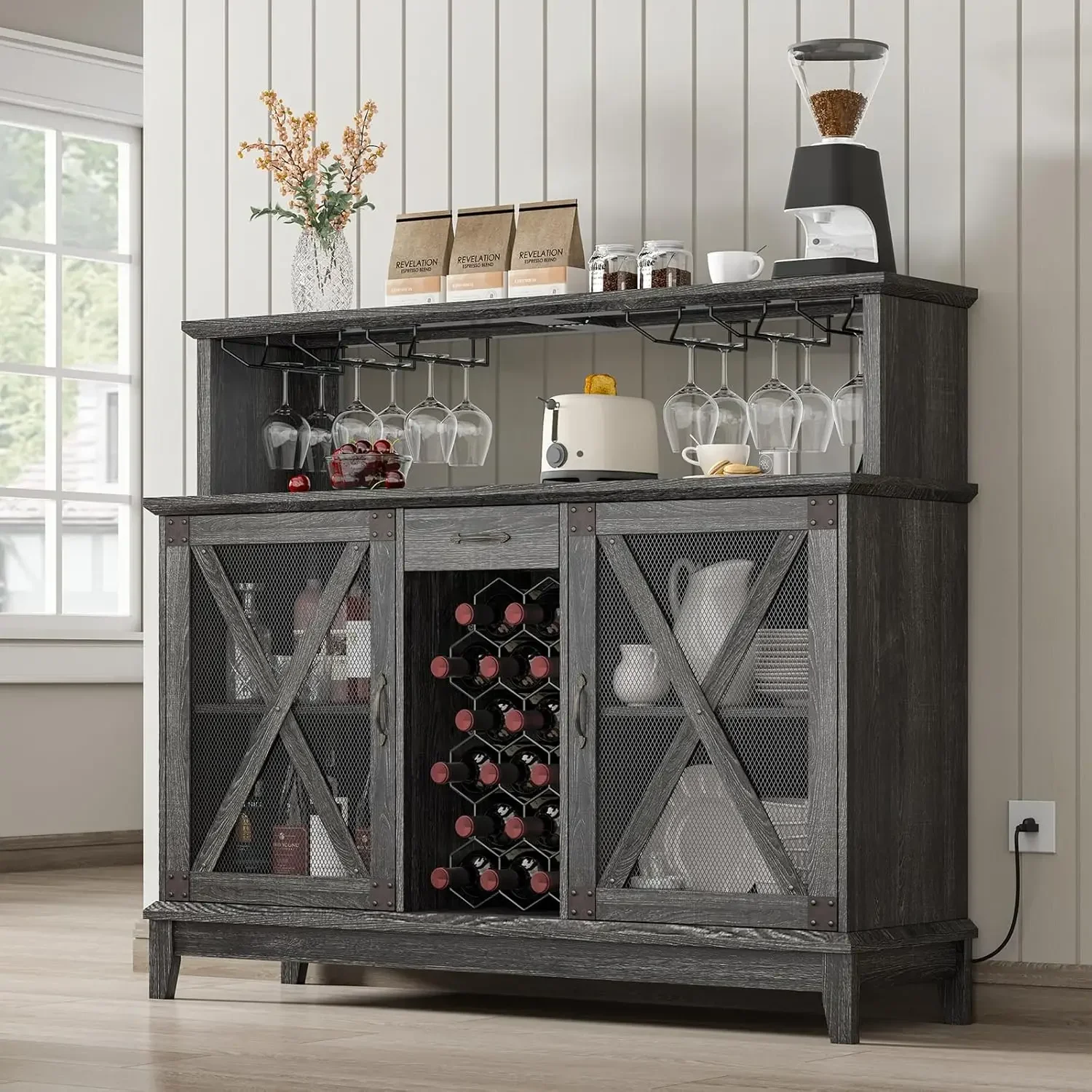 Armoire de bar à vin de ferme avec lumières LED, armoire de bar à café avec casier à vin et support en verre,