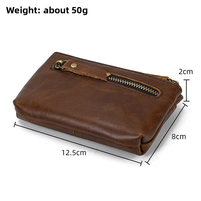 Vintage Crazy Horse Leather Coin Purse Unisex Top Grain Cowhide Zipper Small Pouch Keychain Integrated Portable Daily Carry Bag