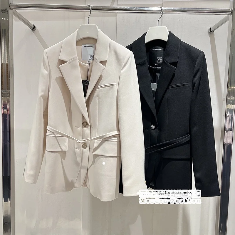

Busin Casual Sle Self-Preserving Suit Jaet with Belt Commute Friendly Slimming Top Coat Long Sve Button ket