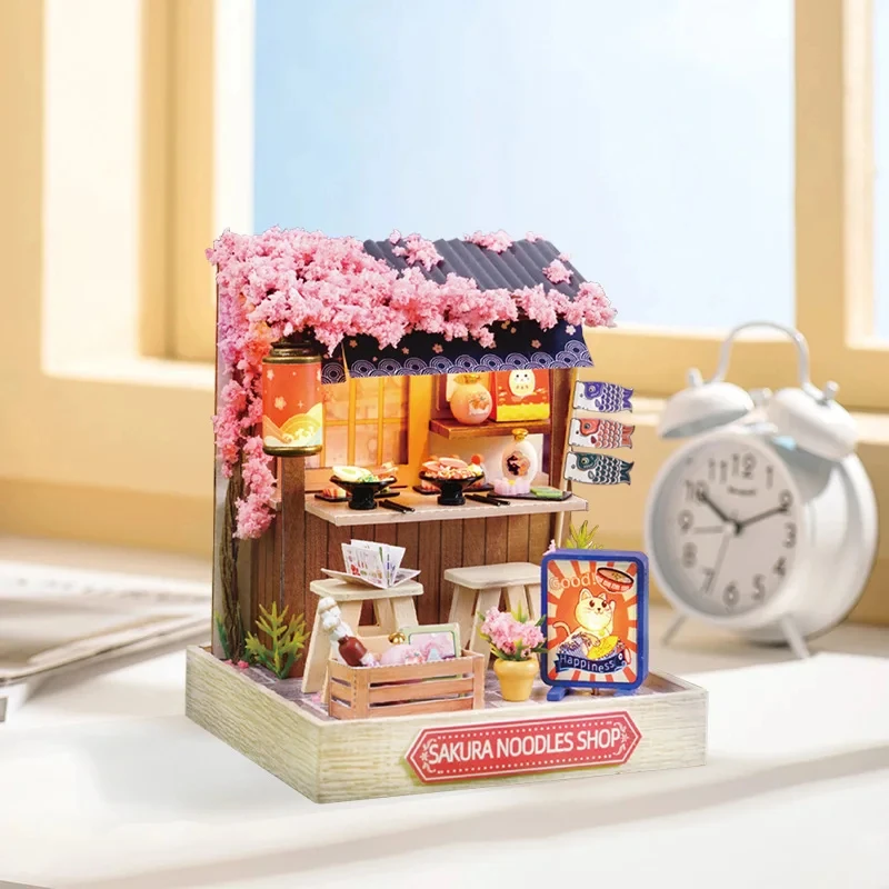 DIY Wooden Miniature Building Kit Sakura Noodles Shop Led Light Assembled Dollhouse Bookshelf Home Decoration Building Block Kit