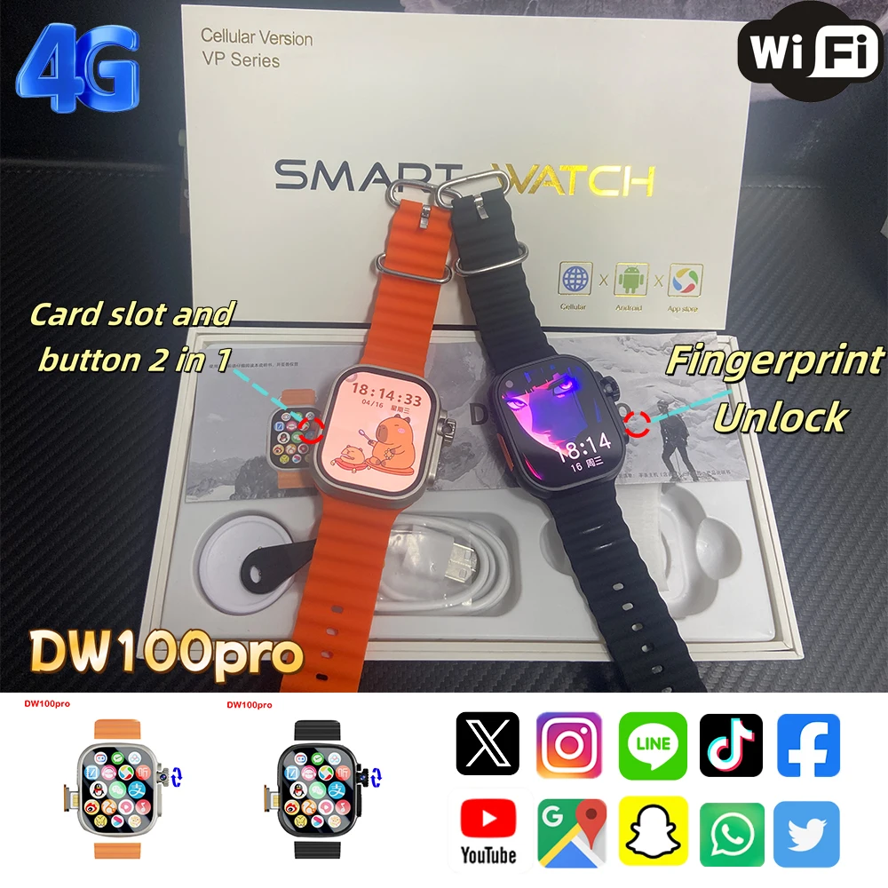 

DW100pro Smartwatch Ultra Fingerprint Unlock Cellular 4G Android SIM Card 2.29''AMOLED 190° Rotating Camera GPS WIFI Google Play