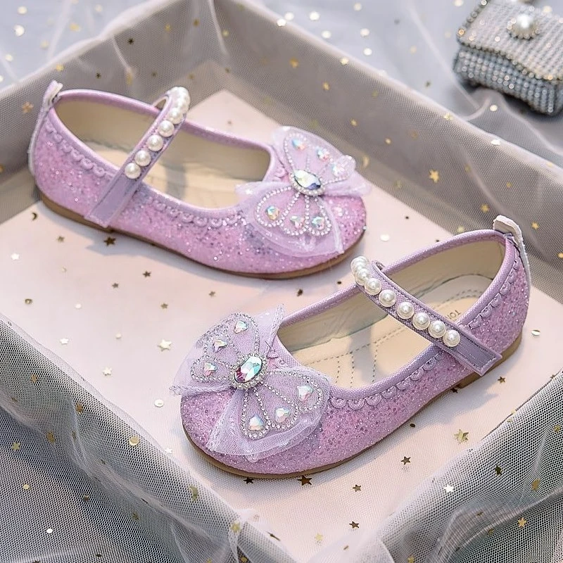 2026 New Style Girl's Soft Sole Crystal Princess Shoes Spring Autumn Kids Leather Flats Trendy Children's Footwear