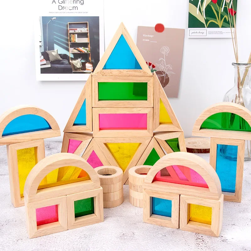 Blocchi di costruzione arcobaleno in legno Giocattoli sensoriali Montessori colorati creativi Set di giocattoli da costruzione Costruzione in legno acrilico per bambini