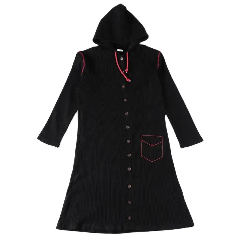Girls dress summer short sleeve and long sleeve kids clothes front buttons children clothing black ribbed with hooded red string