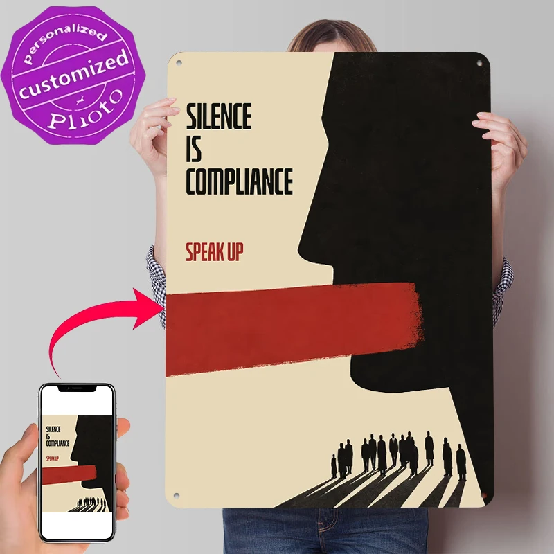 Placa de Metal Vintage Personalizada com o tema 'Silêncio é Conformidade' e 'Fale', Arte de Parede Retrô para Acessórios de Interiores e Caverna do Homem