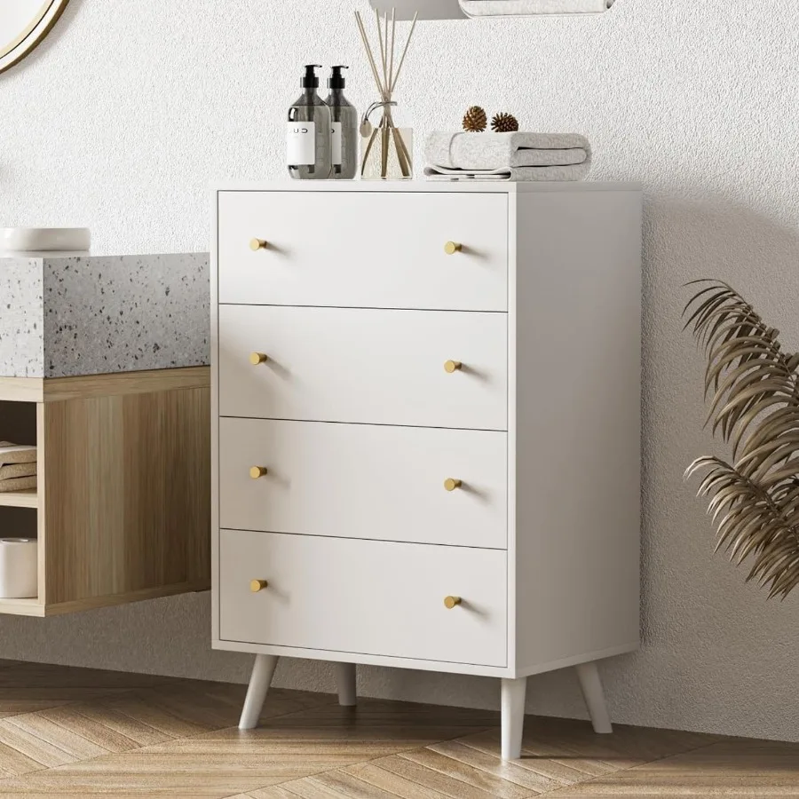 خزانة ملابس بيضاء حديثة بمقابض ذهبية لغرفة النوم، خزانة ذات أدراج ذات 4 أدراج مثالية لتخزين غرفة النوم وتنظيم أنيق #4