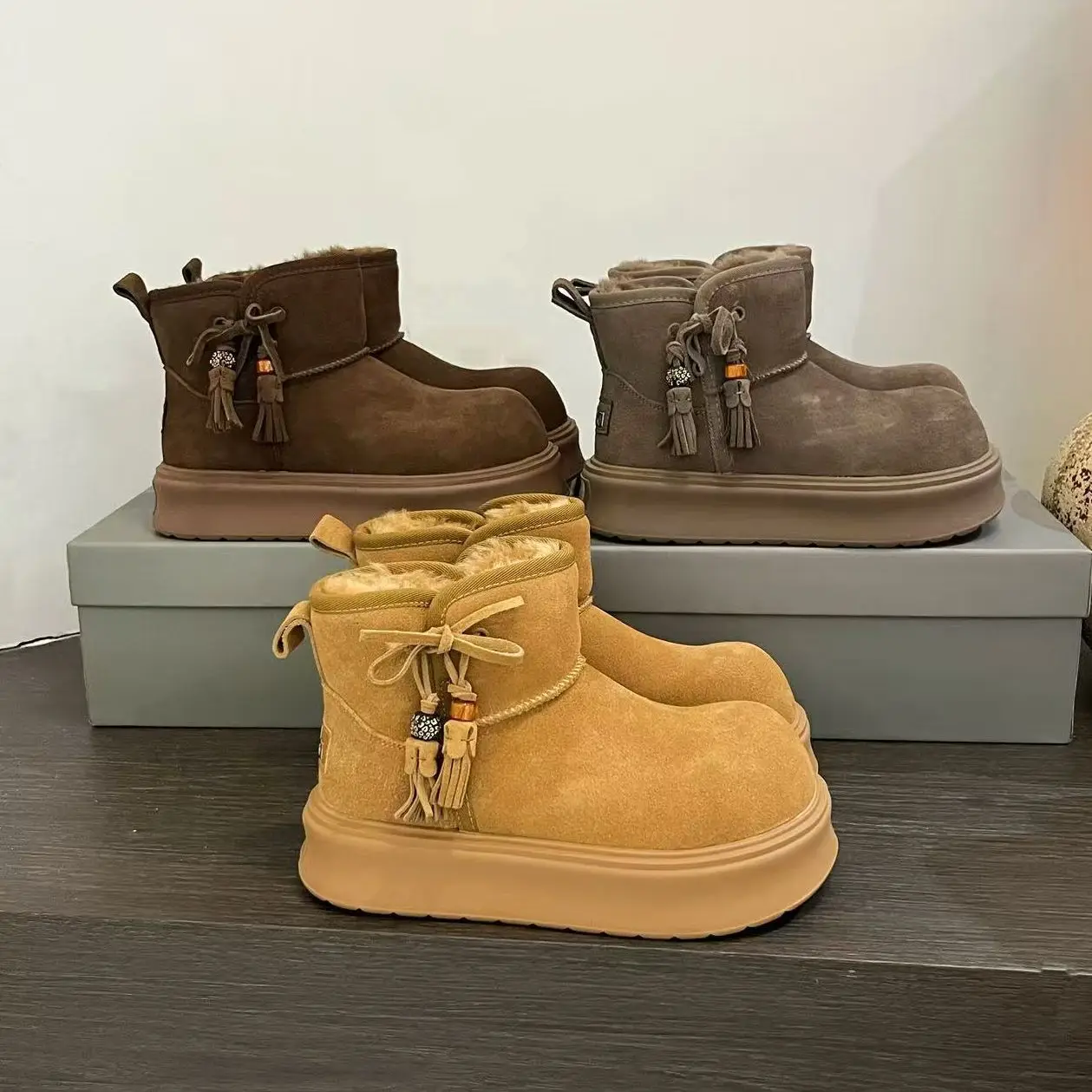 

Brown Boots Women's Thi Boted Retro Briti Sle Mid-Calf Fringed ort Boots Faionable round Toe Casual Boots