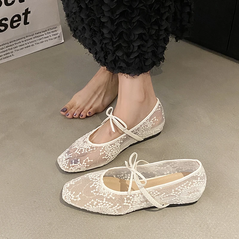 Spring New Flat Shoes for Women Square Head Shallow Mouth Mesh Fabric Embroidery Butterfly Knot Soft Sole Single Shoes
