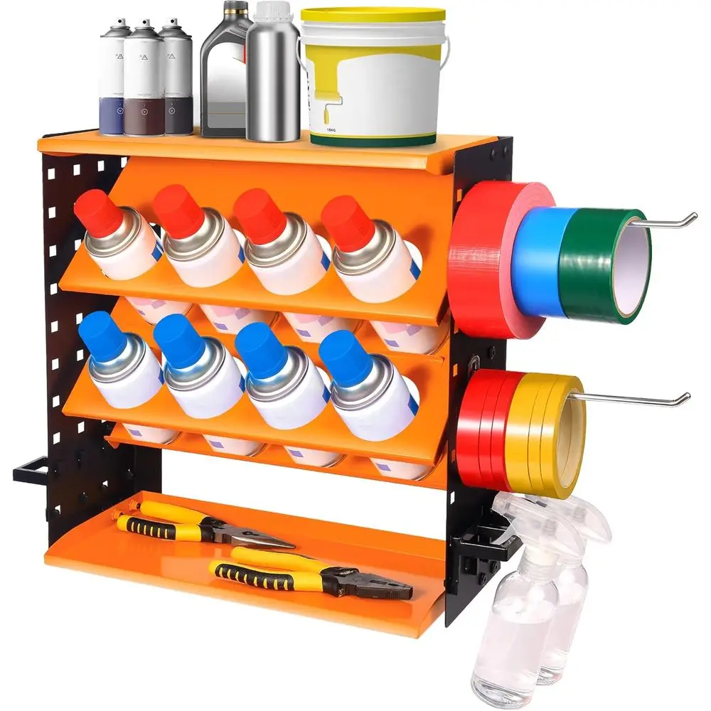 

Прочный металлический держатель для аэрозольных баллончиков - настенный или настольный органайзер с перфорированной панелью, 8 отверстиями для баллончиков и 6 стальными крючками, 5 пластиковыми крючками.