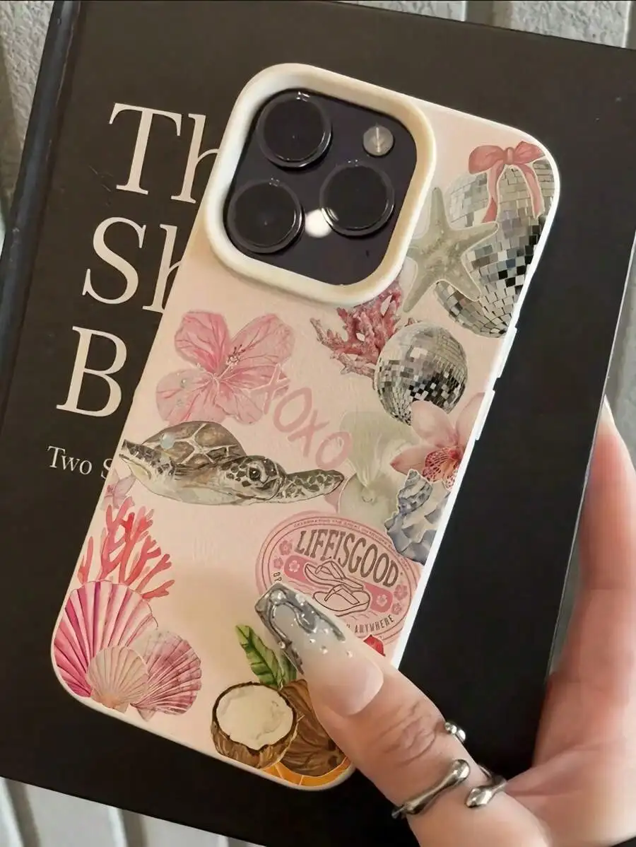 

White Leather Texture Minimalist Floral, Seashell Phone Case for IPhone17promax/16/15 /14 /13 /12 Pro Max