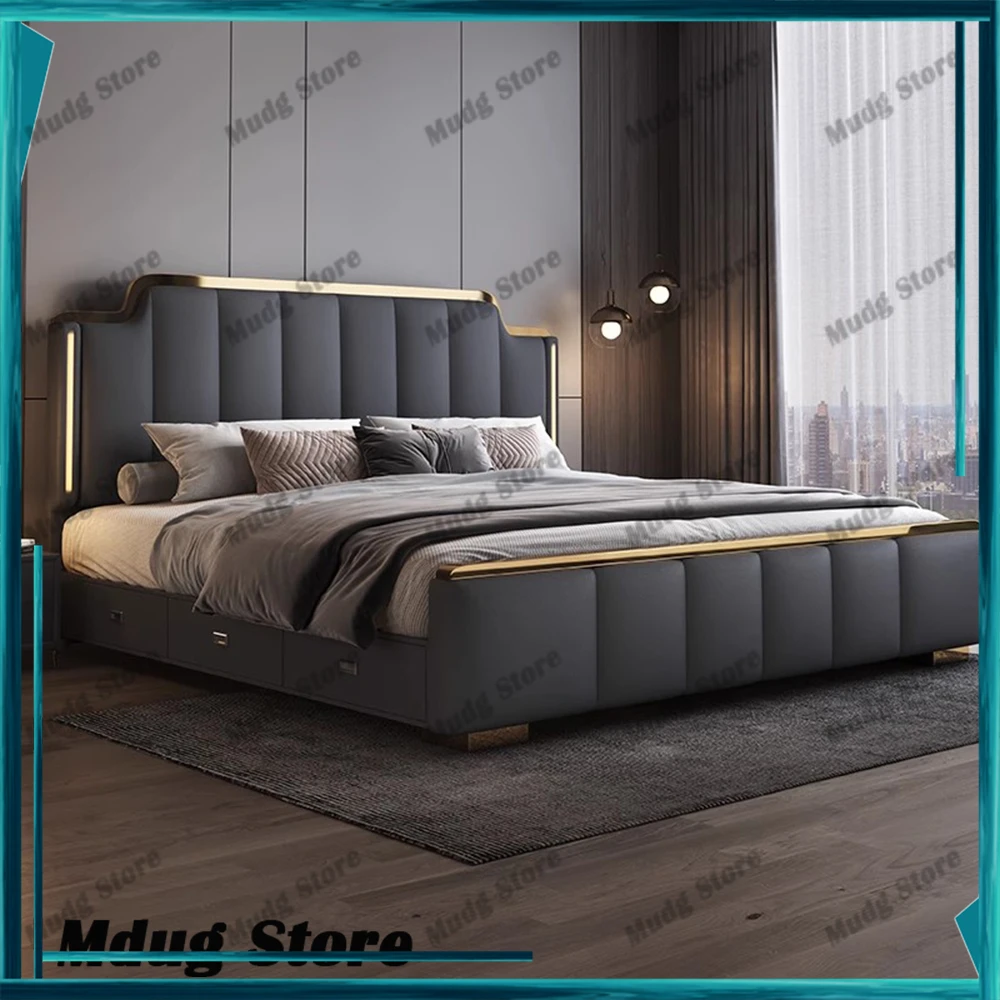 

Night Light Upholstered Bed Nordic Minimalist Luxury Lounge Bed Double Nightstands Muebles Para Dormitorio Home Furniture