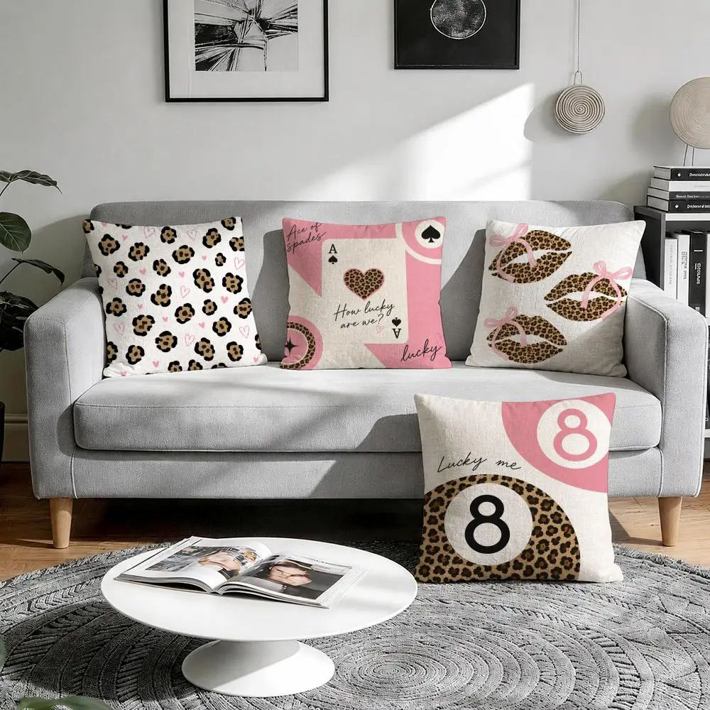 Pink Lucky Number Leopard Print Cushion Cover Natural Breathable Durable Linen Printed Decor Pillow Case Sofa Bedroom