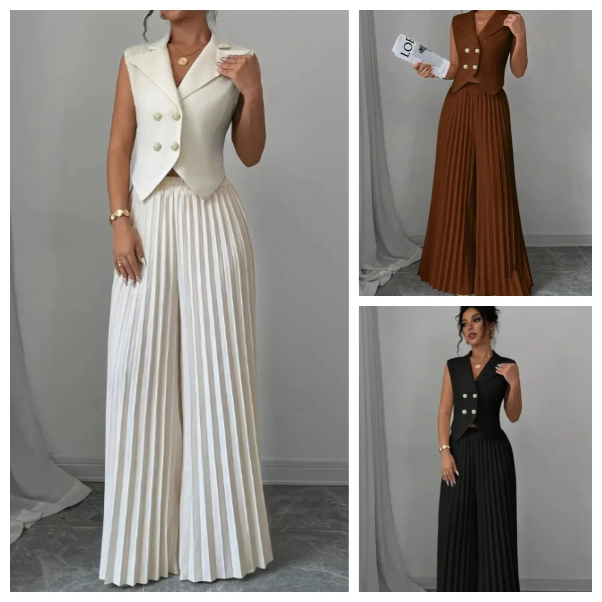 

2025 женский элегантный однотонный офисный костюм, тонкий пиджак без рукавов с двойными пуговицами, плиссированные брюки-кюлоты с отложным воротником, комплект из 2 предметов