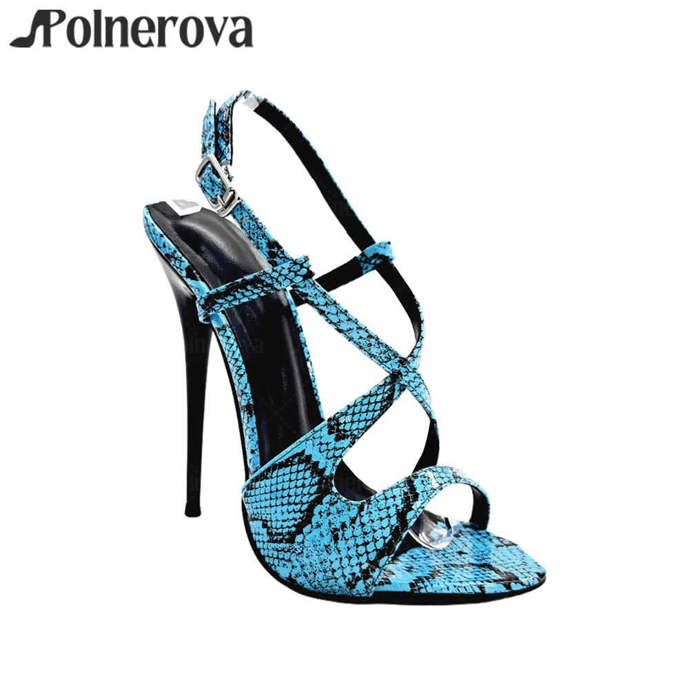 16 cm Extreme Stiletto Sandalen Schlangenmuster Peep Toe Sexy High Heels Lackabsatz Mehrfarbige Knöchelschnalle High Heels Damen Sandalen