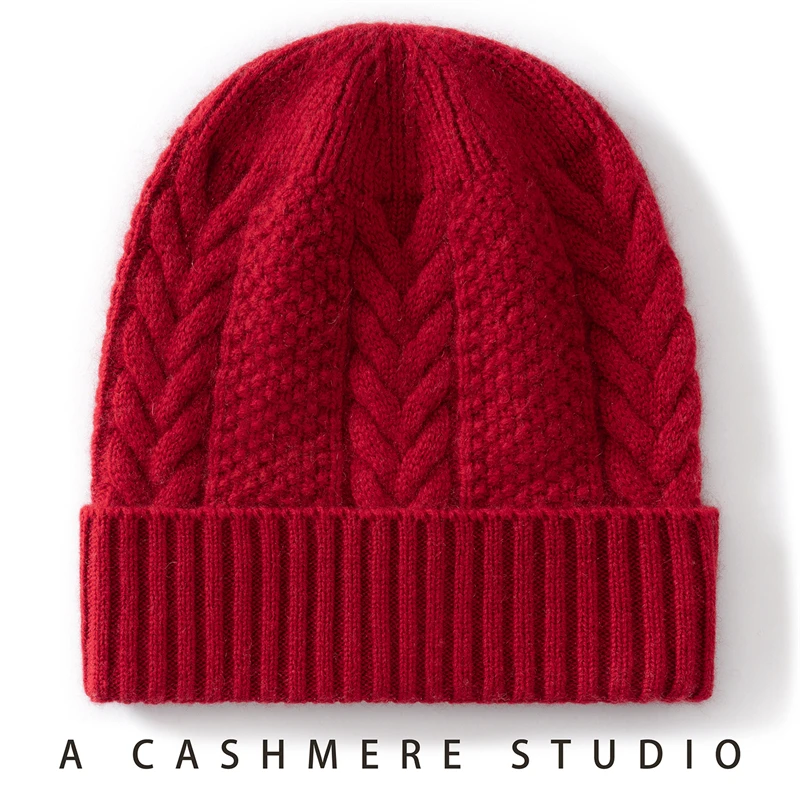 Fashionable Thick Pure Cashmere Flanged Winter Women's Bean Hat Solid Color Twisted Flower Outdoor Knitted Ear Protection Hat