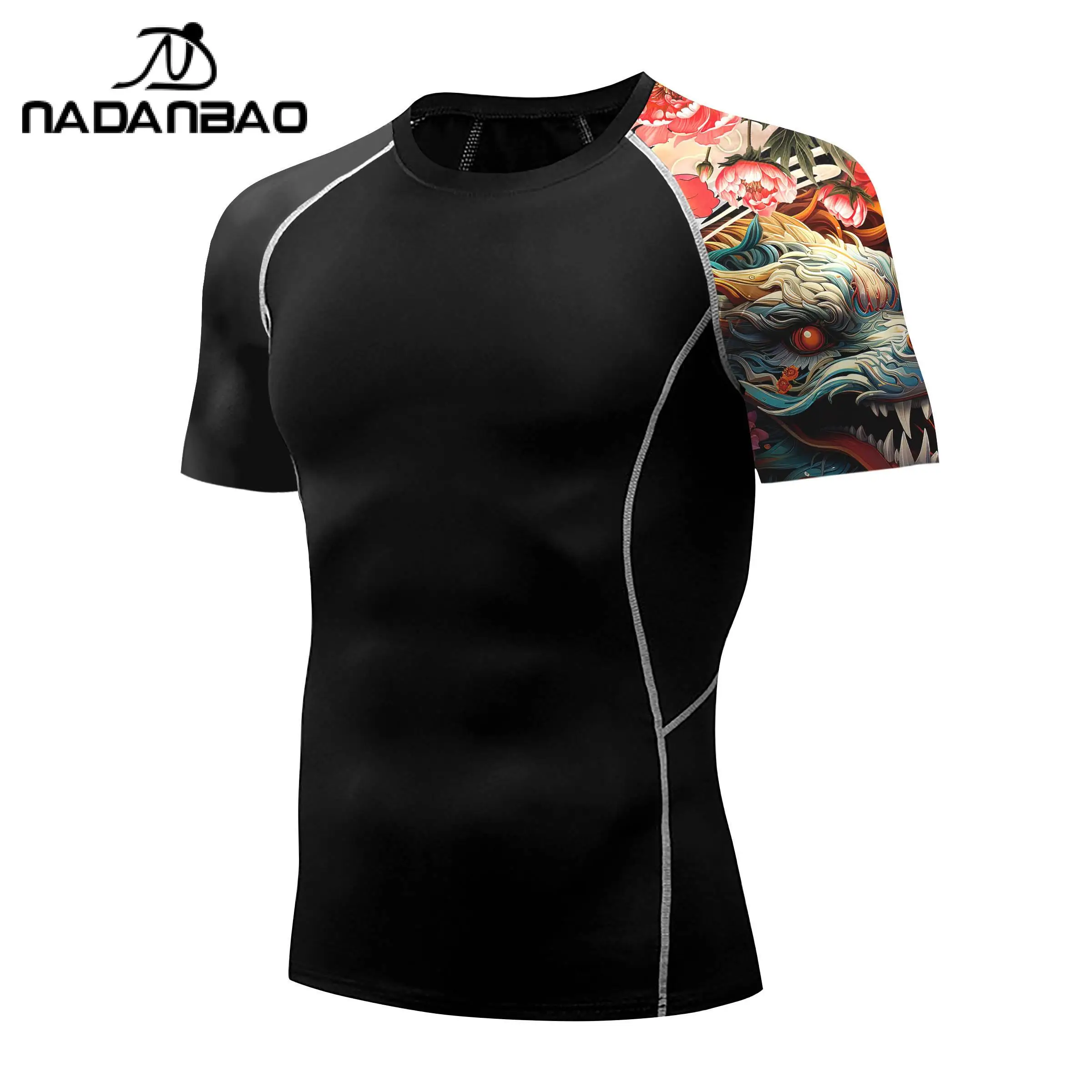 Nadanbao Men Short Sleeve Fitness Surfing Wetsuit Gym Slim Swimsuits Beach Swimwear Black Fashion Style Surfing Beachwear Top