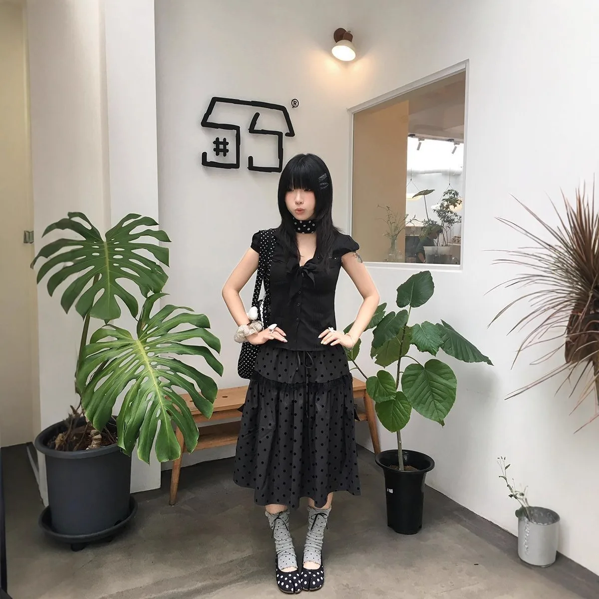 Fashion versatile elastic waist with lining pocket Korean retro polka dot half skirt for women summer millennium  loose