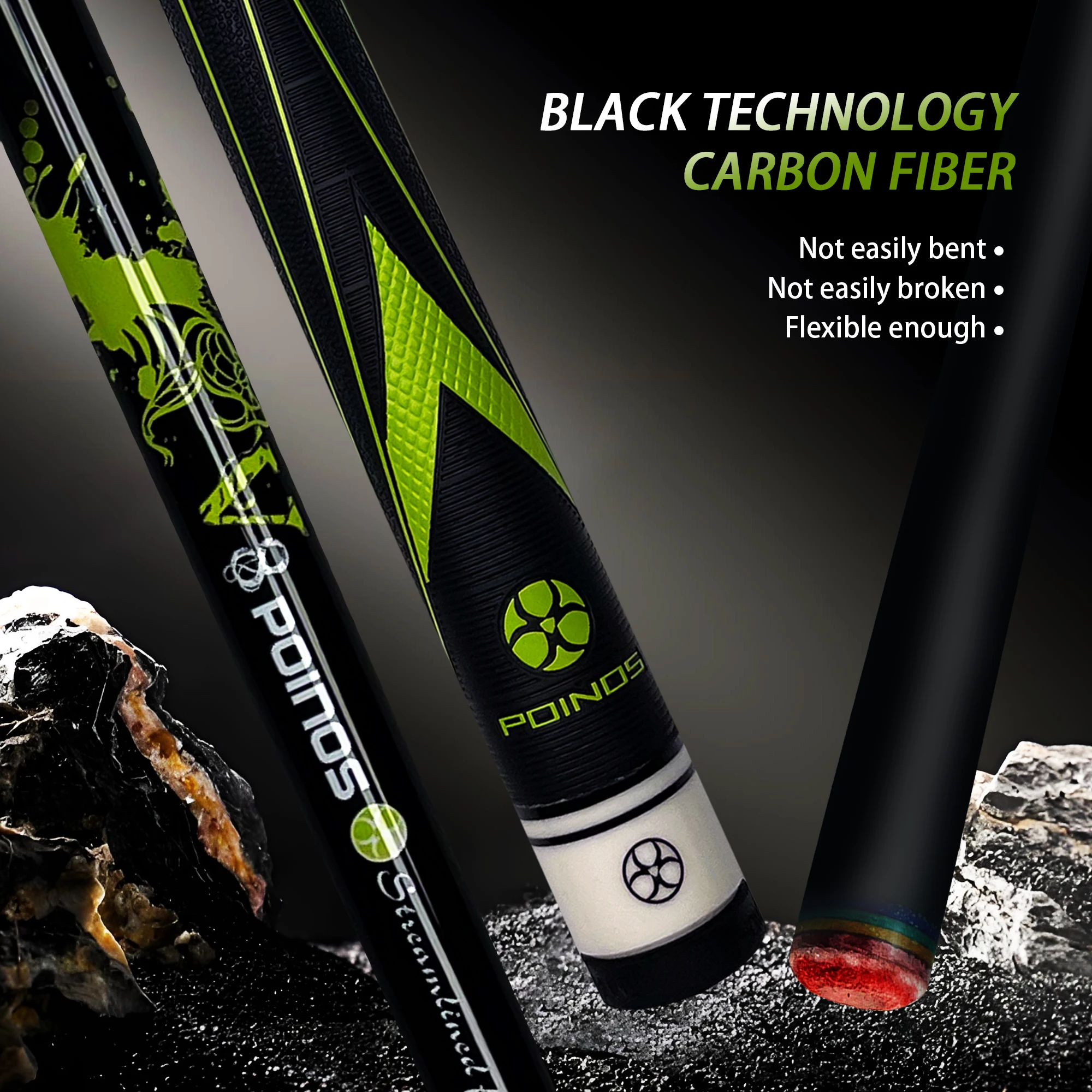 Black Technology Carbon Cue Stick American 9 Ball Billiard Cue with Elements Non Slip Design and Stylish Green Highlights ﻿