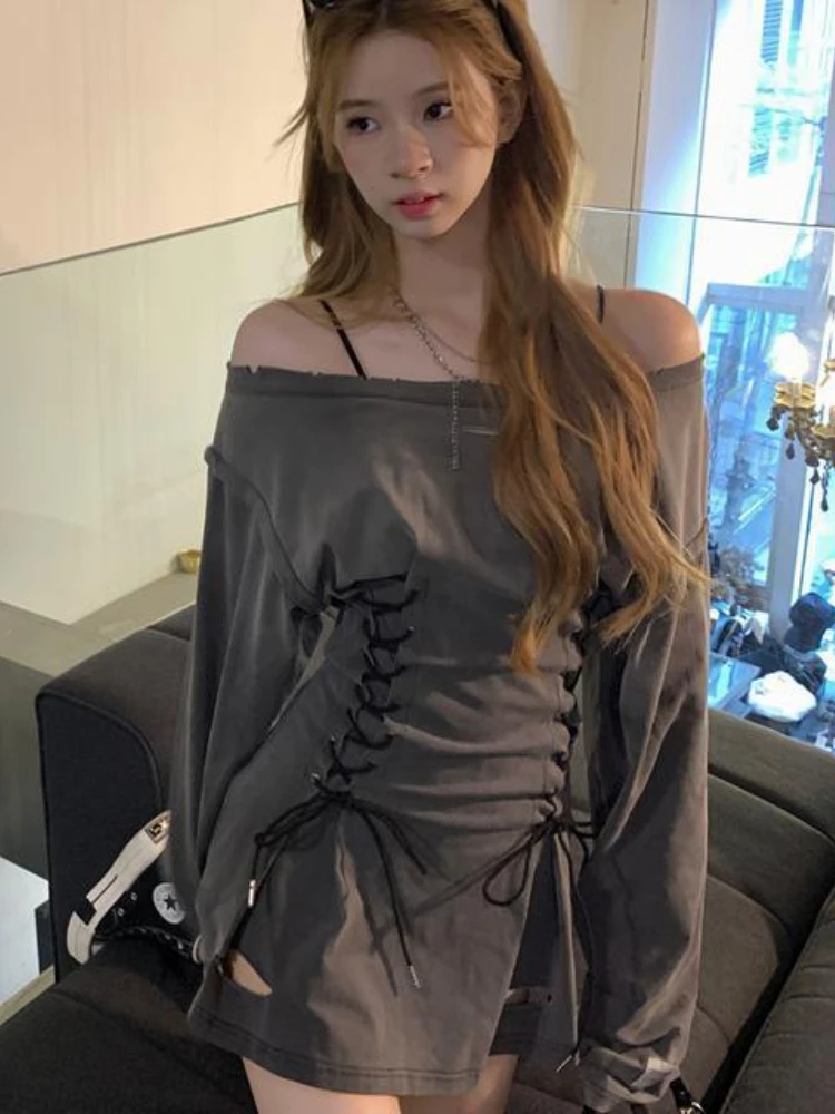 Slash Neck Dresses Women Bandage Hotsweet Hole Baggy American Style Mini Fashion Personality Casual Folds Design Streetwear Chic