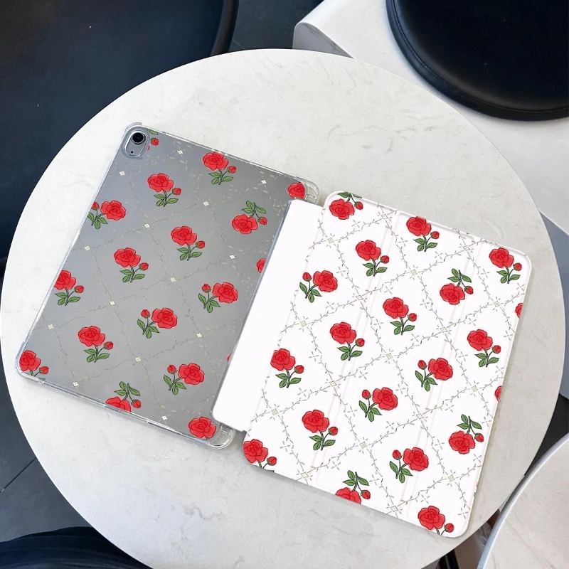 

Tablet Case for Ipad 8th Generation Case Ipad 2017 10.5 Inch 2020 Pro 11 Ipad 5th 6th 9.7 Grid Roses with Pencil Holder Cover