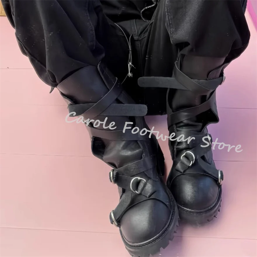 

Black Gothic Style Belt Buckle Cross Strap Long Boots for Men High Top Square Heel Anti-slip Motorcycle Boots Male Casual Shoes