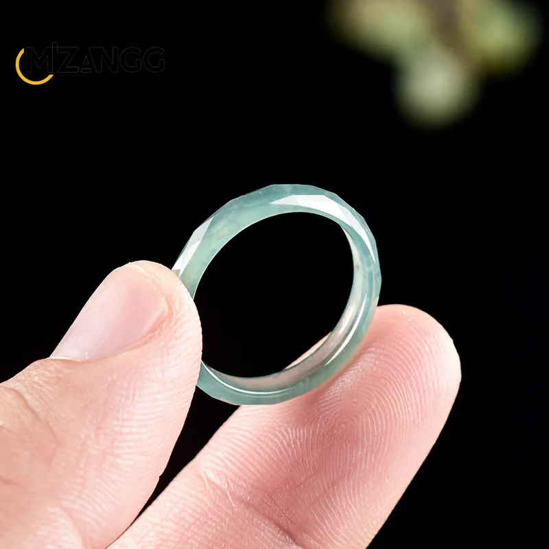 Natural A-goods Jadeite Blue Water Diamond Face Ring Hand-carved Fashion Simple Jade Ring Men and Women Holiday Gift 3