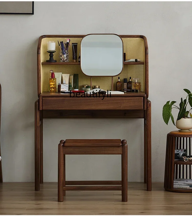 

yj9 North America Black Walnut Wooden Dressing Table Makeup Table Bedroom Writing Desk Rattan Mid-Ancient Style