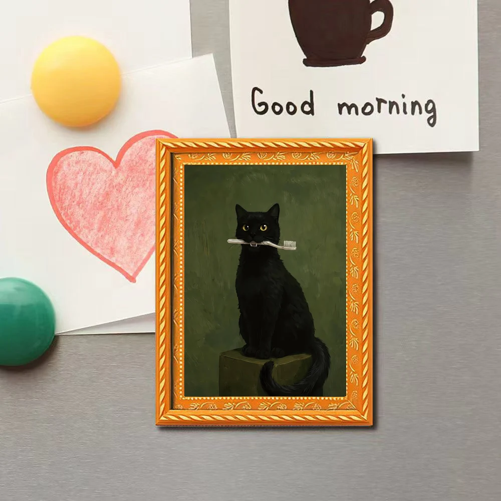 1 Piece of a Fun and Quirky Little Black Cat Biting a Toothbrush, Retro Gold-Edged Refrigerator Magnet, Vintage Oil Painting Style Cat Magnetic Decoration Sticker, Cute Atmosphere-Enhancing Ornament for the Kitchen Refrigerator, a Fun and Unique Gift for Pet Owners