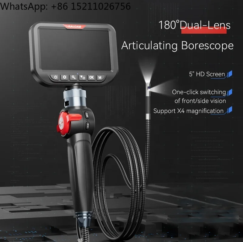 RALCAM HD Dual Lens Inspection - 8.5MM Borescope Articulating USB Endoscope Tool with 5 Inch Screen for Automotive Repair
